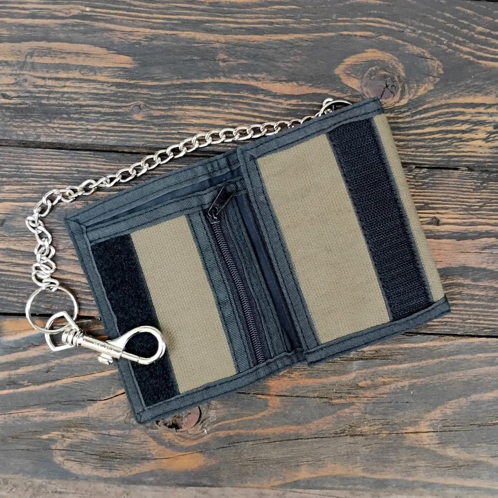 THC Khaki HASH Hook and Loop Embroidered Fabric TriFold Wallet With Chain